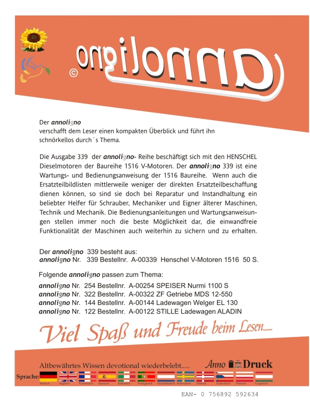 Henschel AG Motoren Baureihe 1516 V-Motoren Bild- Bedienungsanleitung & Wartungsanleitung  - annoligno 339 -